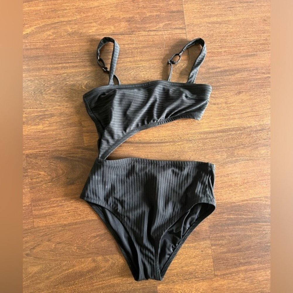 Shade & Shore Women’s Small Black Ribbed Cutout Bikini High Waisted Swim Set
